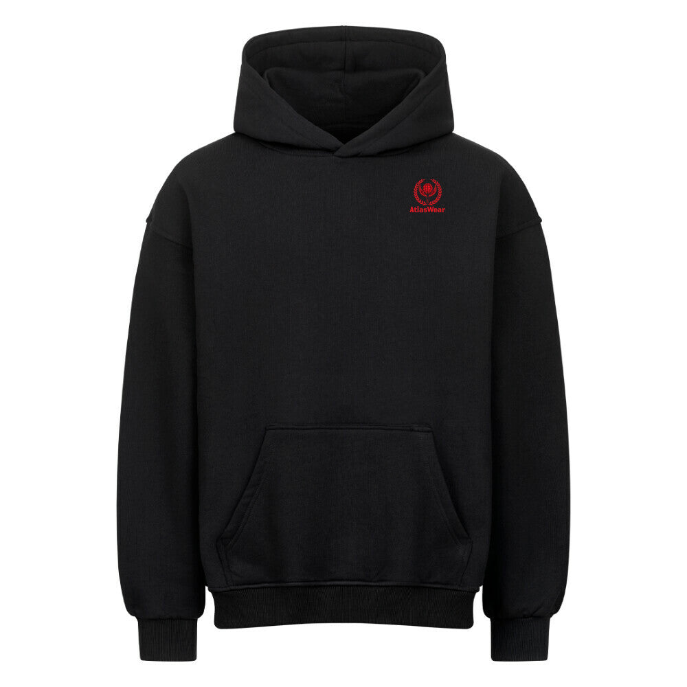 VACANCY Oversized Hoodie in black with red logo, heavy cotton, drop shoulders, casual and stylish design.